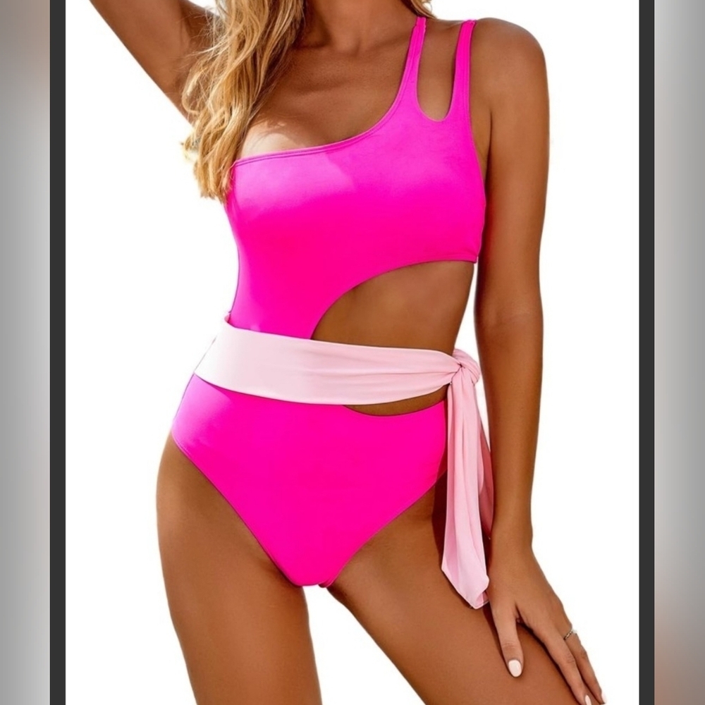 One-Shoulder Cutout Hot Pink Swimsuit with Light Pink Sash